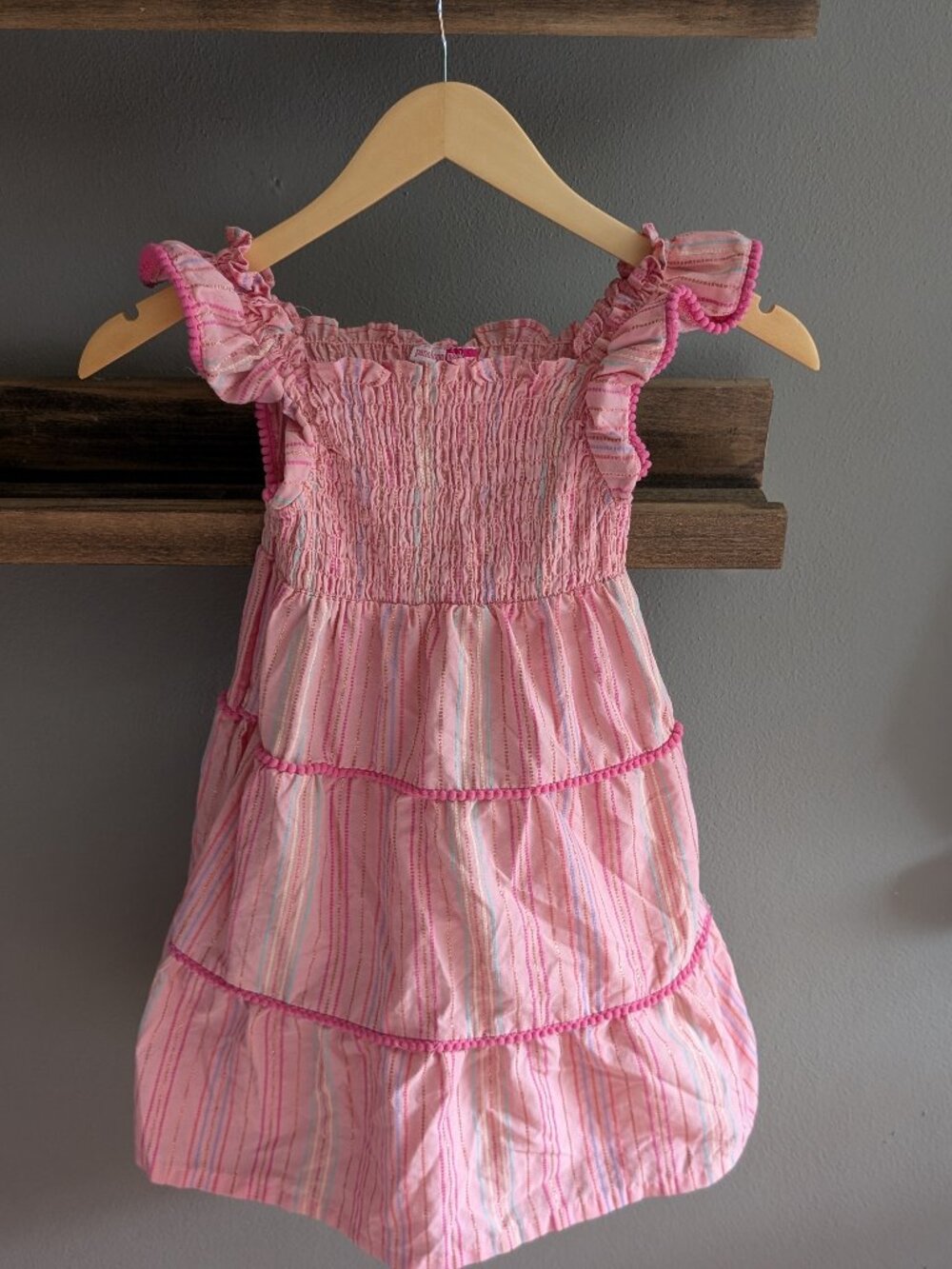 Penelope Mack Girls Pink Striped Smocked Tiered Dress Pom Pom Trim Size 6